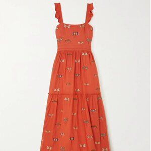 Agua by Agua Bendita Herbarium Tiered Embroidered Linen Maxi Dress In Orange